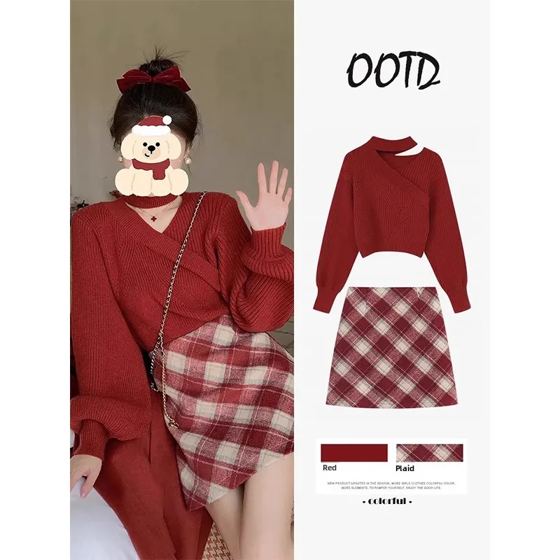 

Зимний новогодний женский модный комплект, красный свитер, подвесная клетчатая юбка с высокой талией, комплект из двух предметов, круглый Ne Long Sve