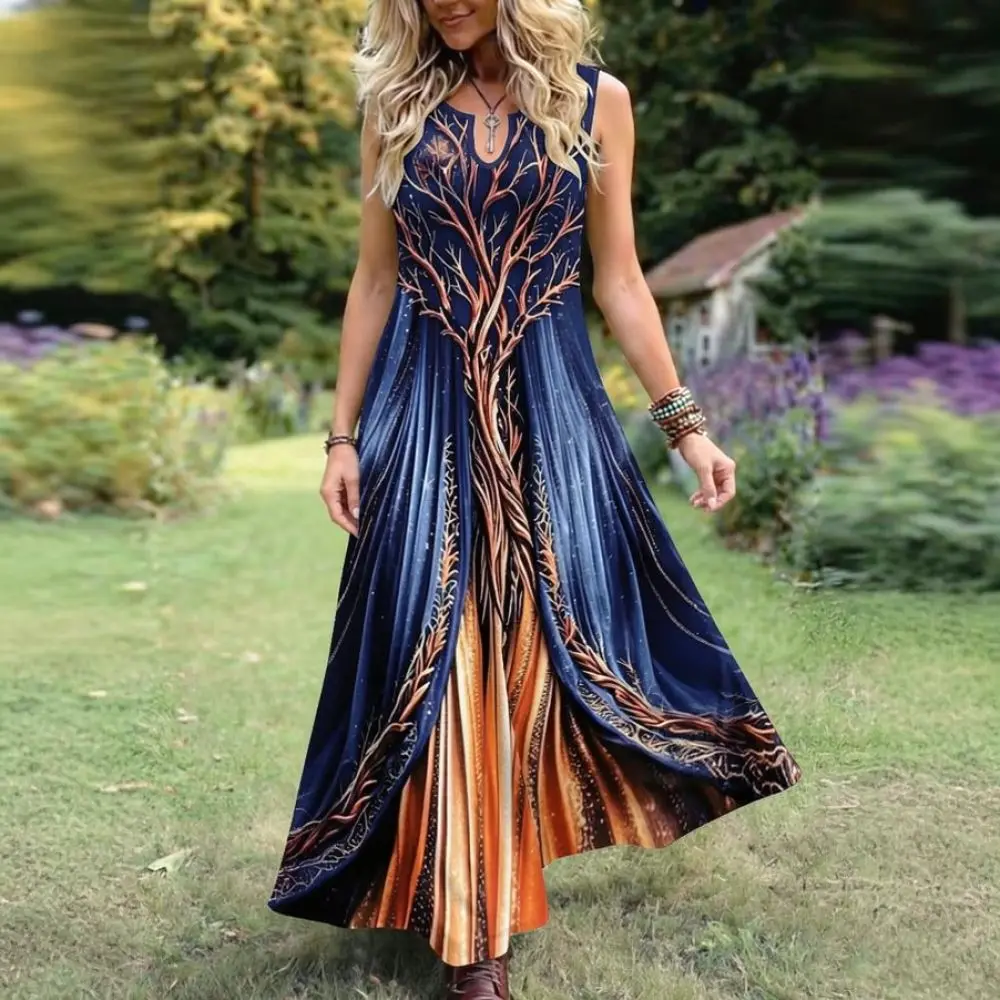 Summer Women Sleeveless Long Dress Elegant Digital Print Slim Fit Casual Beach Party Style Comfortable Aesthetic Outfit
