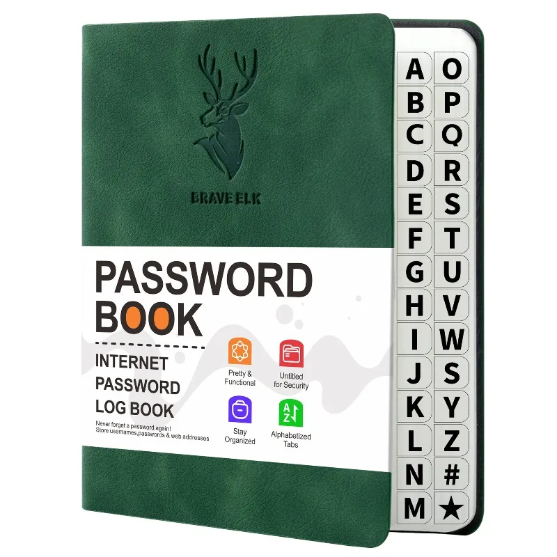 PU Leather Password Keeper Book with A-Z Alphabet Tabs, Deer Embossed 480 Password Spaces Website Account Organizer Notebook