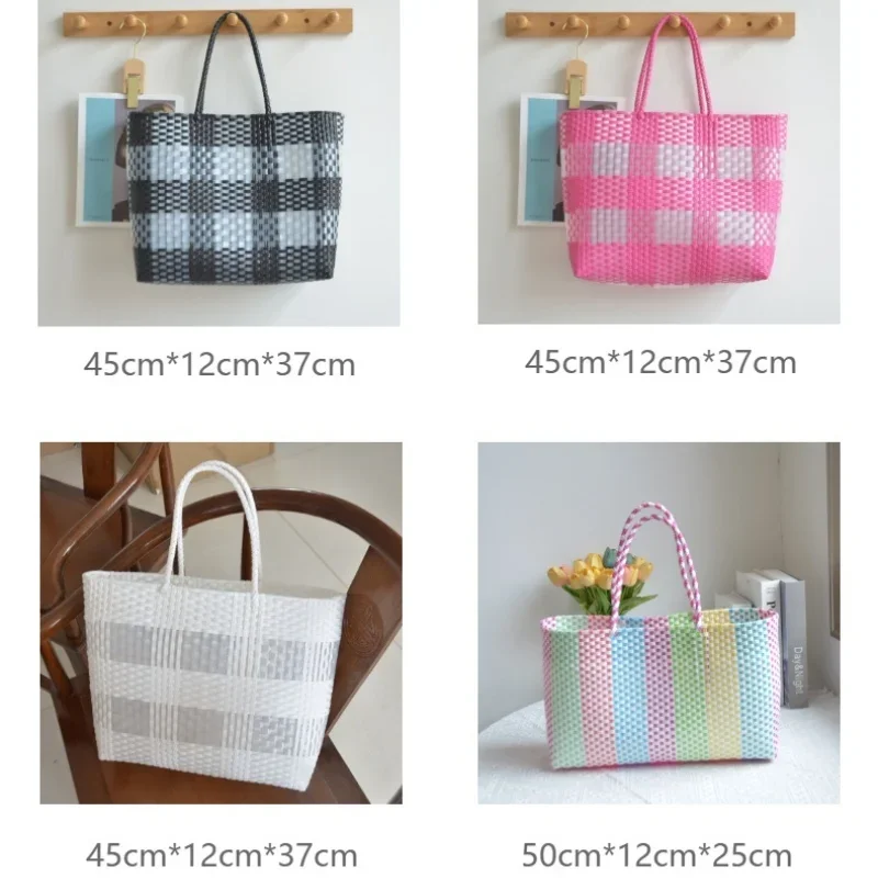 Women\'s Large Capacity Plastic Color Contrast Tote Bag Hand Woven Knitting Handbag Summer SeasideTravel Holiday Beach Bag Female