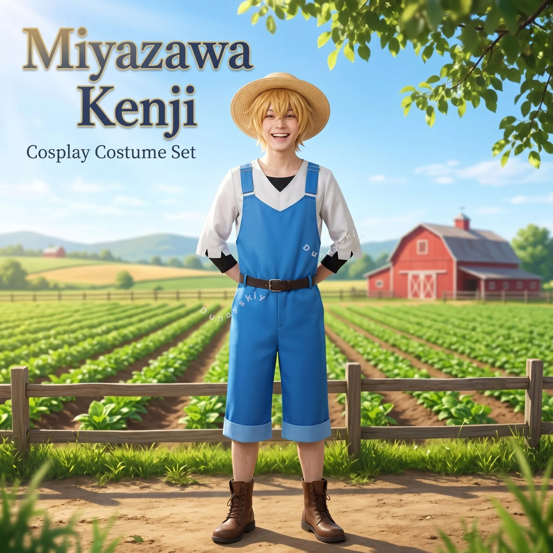 

Miyazawaa Kenjii Cosplay Bungooo Anime Dogs 코스프레 Blue Dungarees Straw Hat Cartoon Uniform Wigs Halloween Christmas Party Cos
