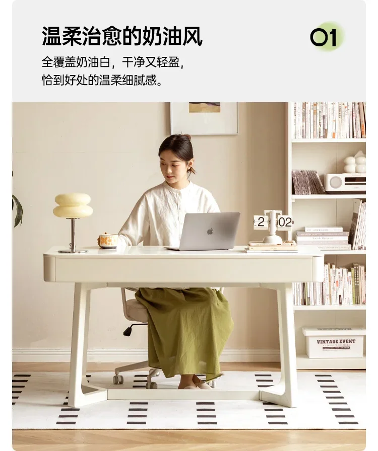 Genji Wood Solid Wood Desk White Office  Cream Oil Wind Home Computer Table with Drawers Long Table Study Table