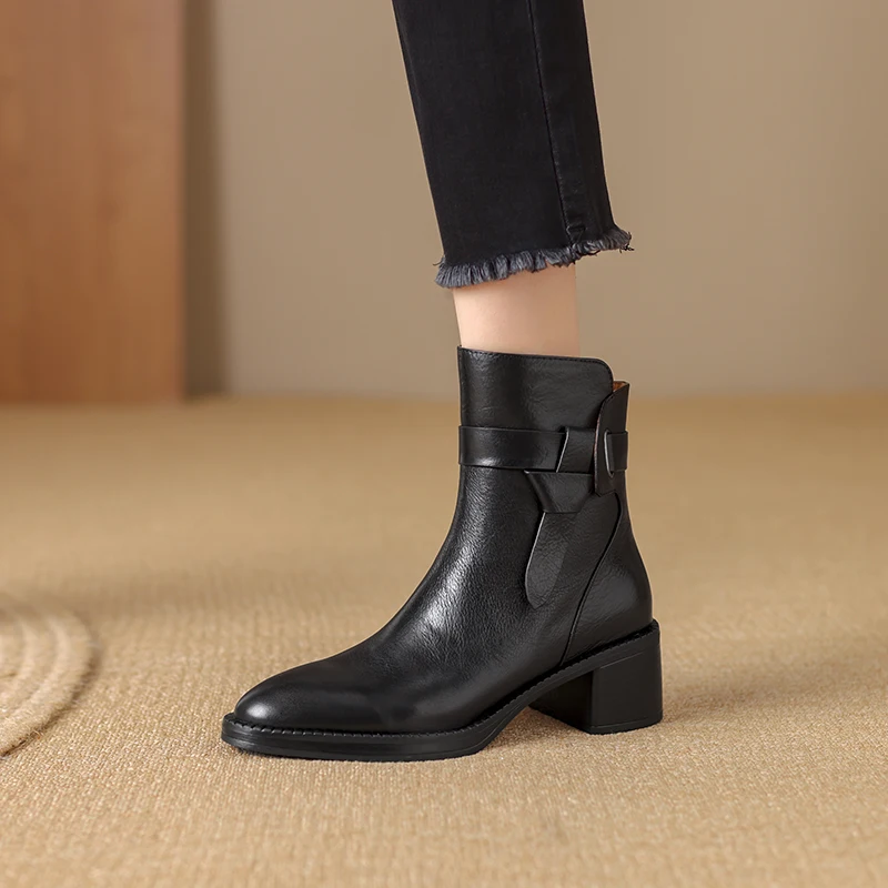 2023 New Women Genuine Leather Ankle Boots Round Toe Square Heeled Mature Shoes Woman Autumn Winter Office Lady Chelsea Boots