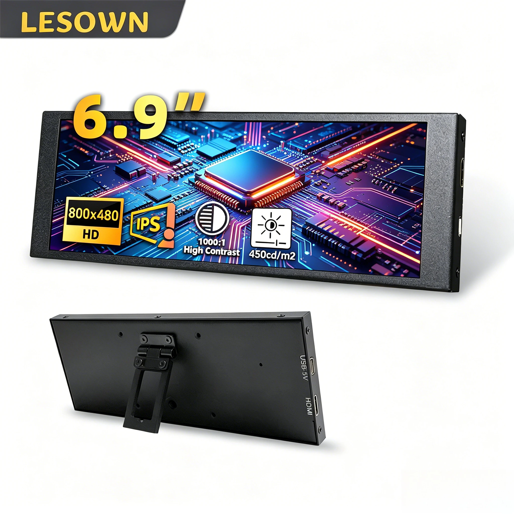 

LESOWN 6.9" Full View Angle SBC Display Screen miniHDMI microUSB External Monitor for Linux System Mini Desktop Computer