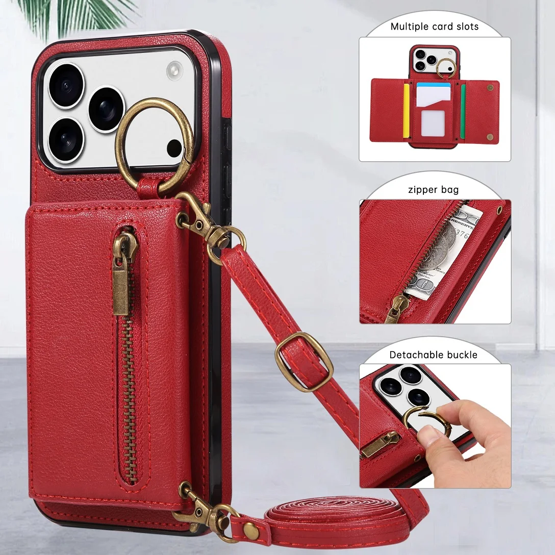 

Классический кожаный чехол-кошелек на молнии через плечо для iPhone 11, 12, 13, 14, 15, 16, 17 Pro Max Plus, чехол-кошелек с кольцом