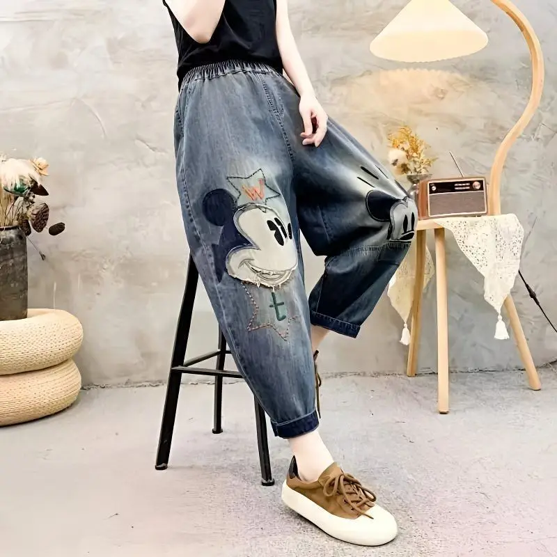 

Новые винтажные летние джинсы Harlan с нашивками Микки Мауса, с мультяшной вышивкой, свободные укороченные брюки больших размеров