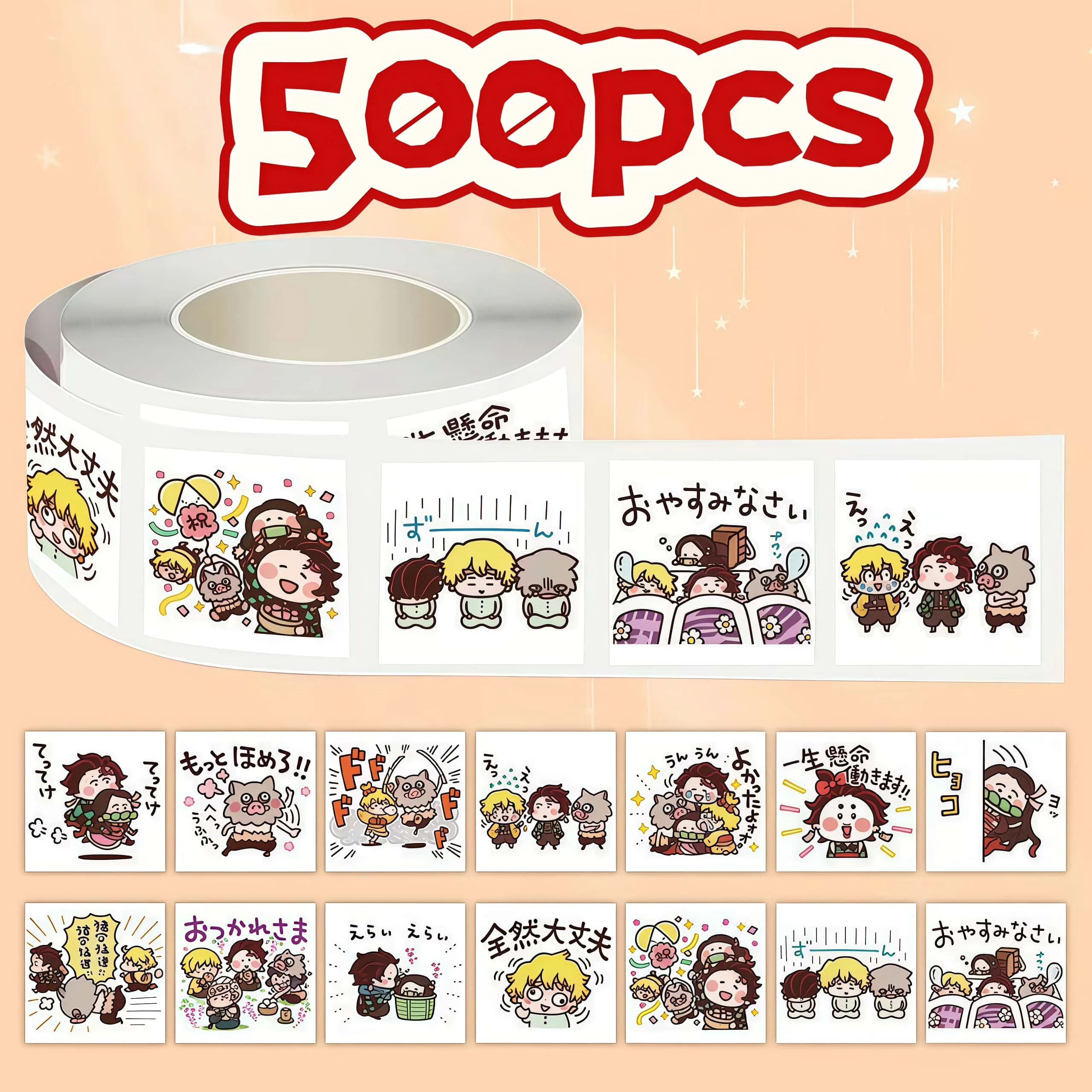 500Pcs Demon Slayer Chibi Trio Sticker Roll, Cute Japanese Text Anime Decals for Journaling, Package Sealing & DIY Craft Decor