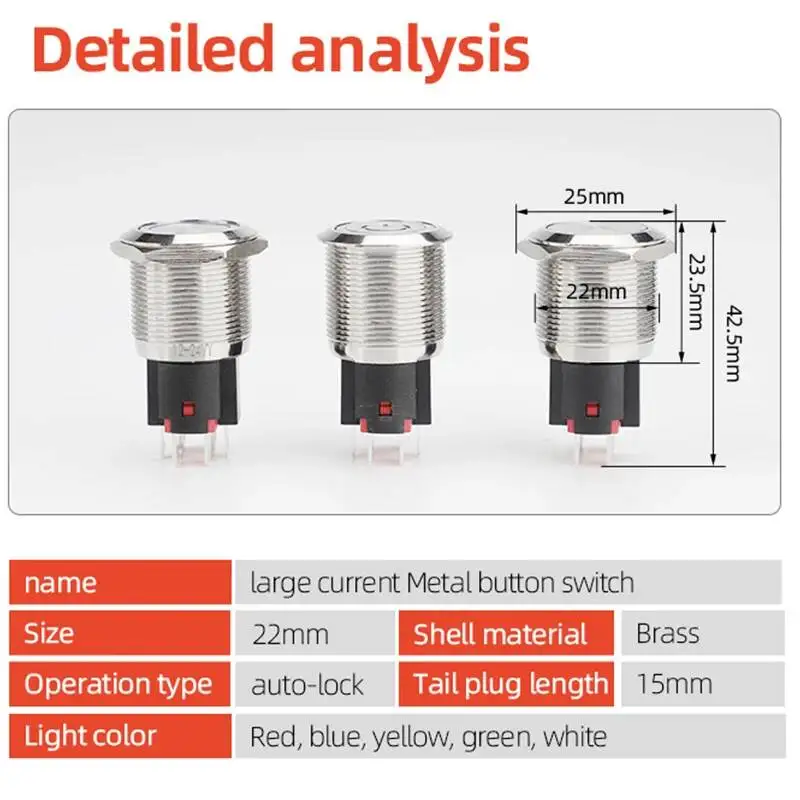 22mm Metal Push Button Switch Flat Round 4/6 Pins With LED No Light 2 Positions Self-Locking Reset Waterproof