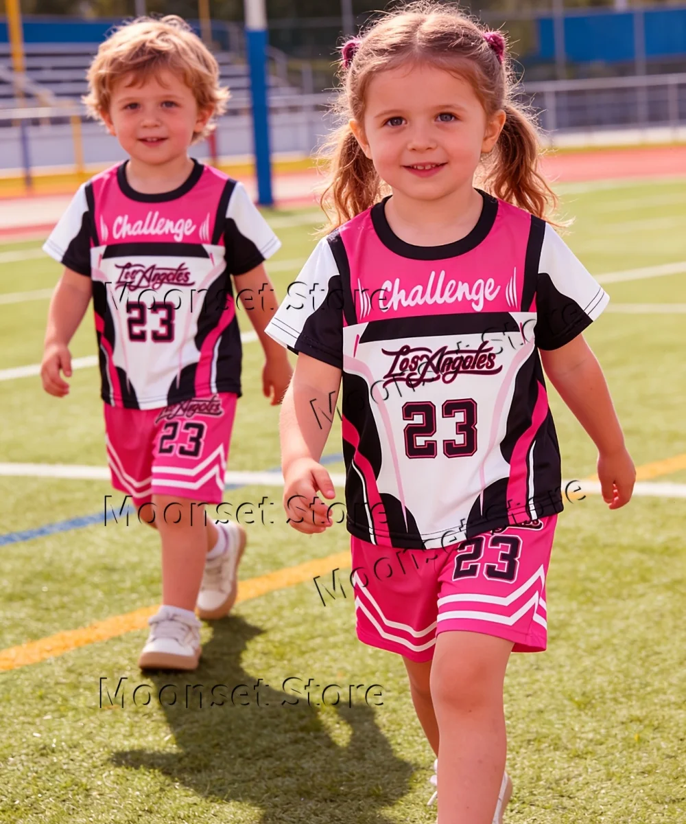 Kids Los Angeles 23 Number Sports Jersey Set Pink Black Short Sleeve T-shirt Shorts 2Pcs Outfit Adult Football Training Uniform