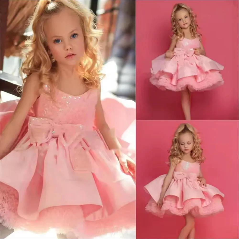 

Exquisite Baby Pink Flower Wedding Girl Dress With Bow Sequined Sleeveless Kids Birthday Christmas Dress First Communion Gown