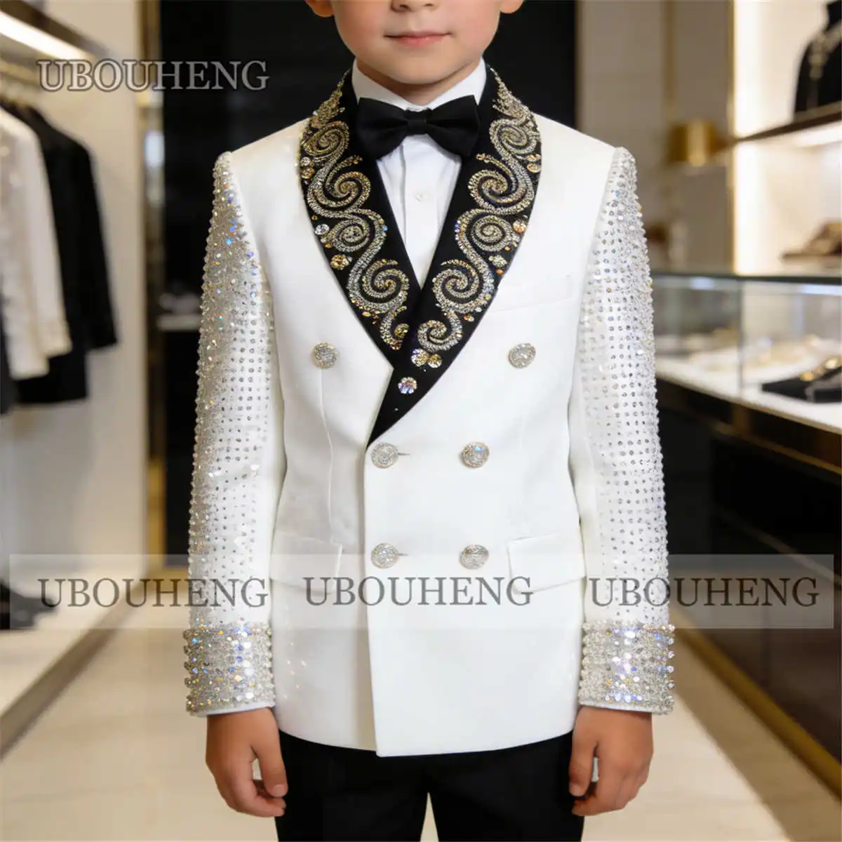 

Роскошный детский костюм для мальчика с украшениями из драгоценных камней, черный пиджак с шалевым воротником, индивидуальный пошив, нарядный смокинг для свадьбы и торжественных мероприятий