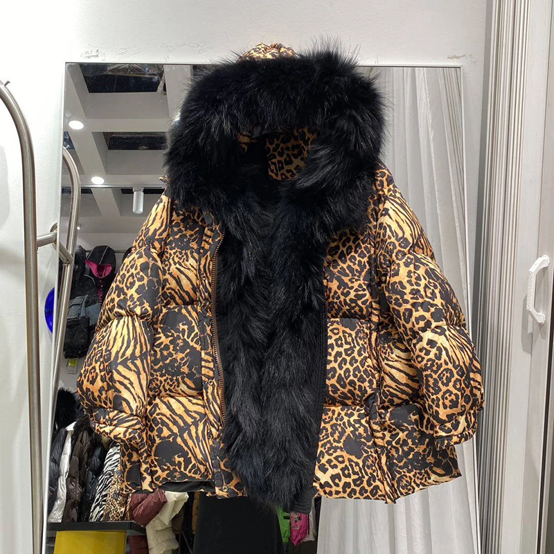 Winter Leopard Zebra Print Jacket Female Oversized Natural Big Fur Collar Down Jacket Women Luxury White Duck Down Warm Outwears