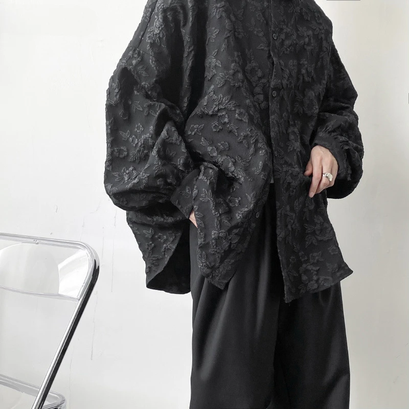 

Shirts Men Floral Japanese Style Fashion Loose Pleated Long Sleeve Vibe All-match High Street Youthful Cool Designed Vintage