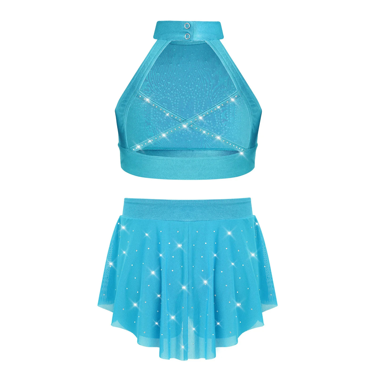 2Pcs Girls Cheerleading Dance Outfit Figure Skating Ballet Gymnastic Dancewear Sleeveless Tops+Skirts Rhinestone Dancer Costumes