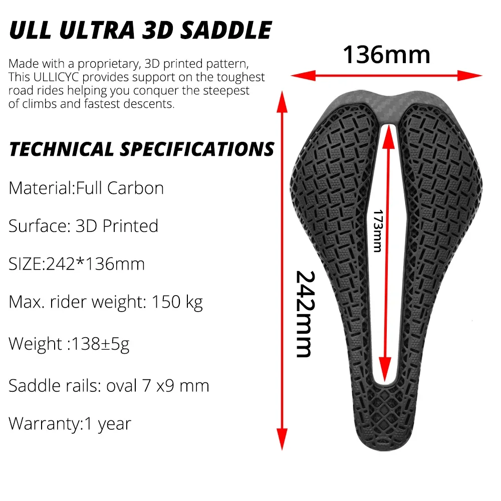 ULLICYC 3D-gedruckter Fahrradsattel, hohl und atmungsaktiv, Vollcarbon-Schale, MTB/Rennrad-Sitz, 136x242mm – Detail 4