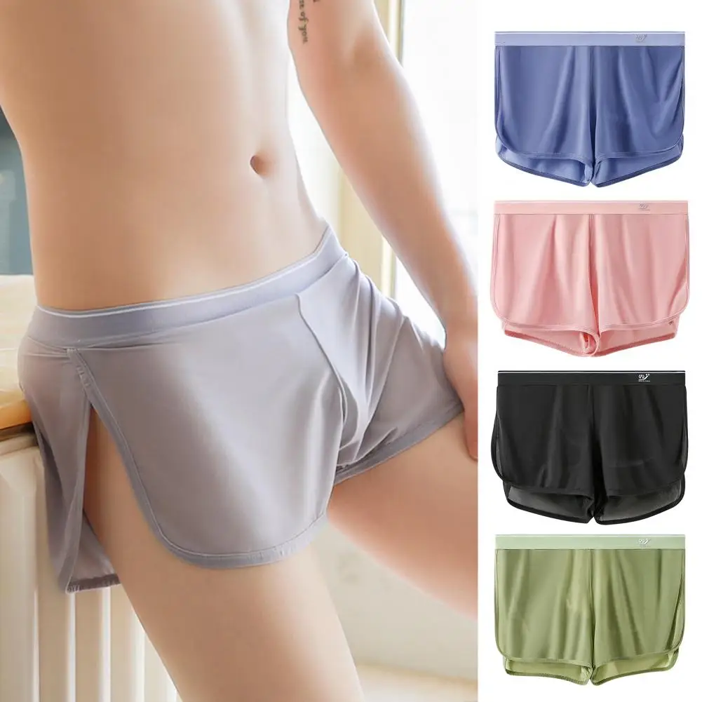 Men Underwear Ice Silk Wide Waistband Breathable Mesh Shorts Panties Solid Color Side Slit Loose Fit Underpants Summer Homewear