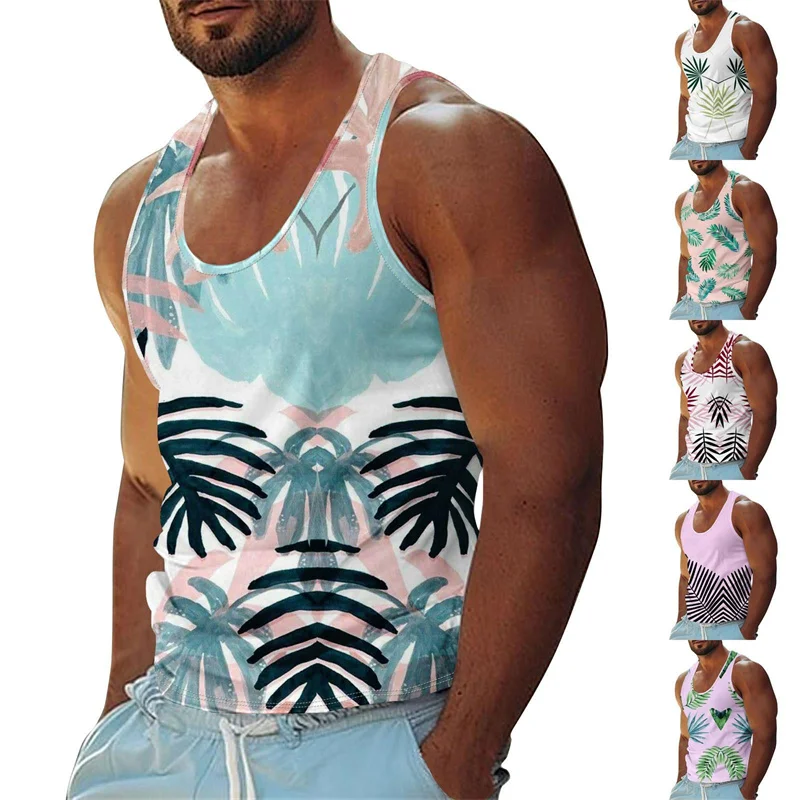 

Retro Tropical Plants Casual Basketball Vest For Men Summer Casual Fashion 3D Printed Leaves Breathable Tank Top Beach Vacation