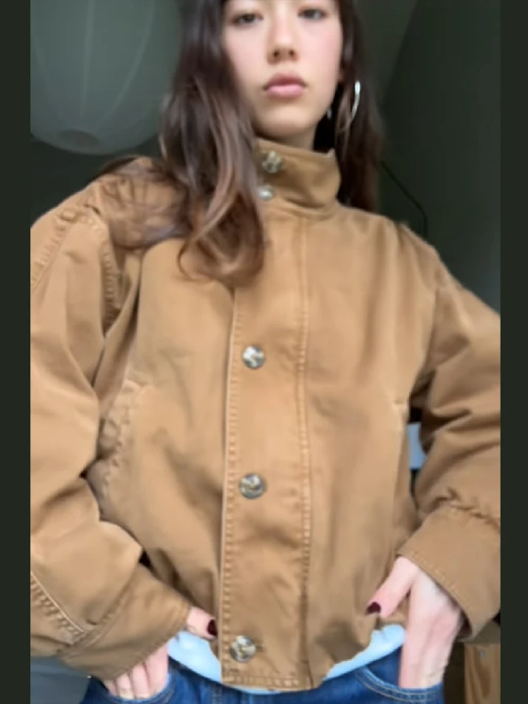 سترة قصيرة بنية عتيقة برقبة واقفة وأكمام طويلة ضيقة معطف خريفي واحد الصدر ملابس أساسية عالية الشارع #3