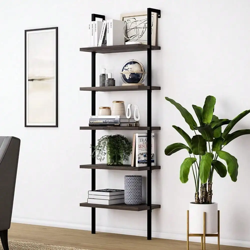 5 Tiers Shelf Wood Ladder Bookcase Metal Frame Industrial Modern Open Shelving