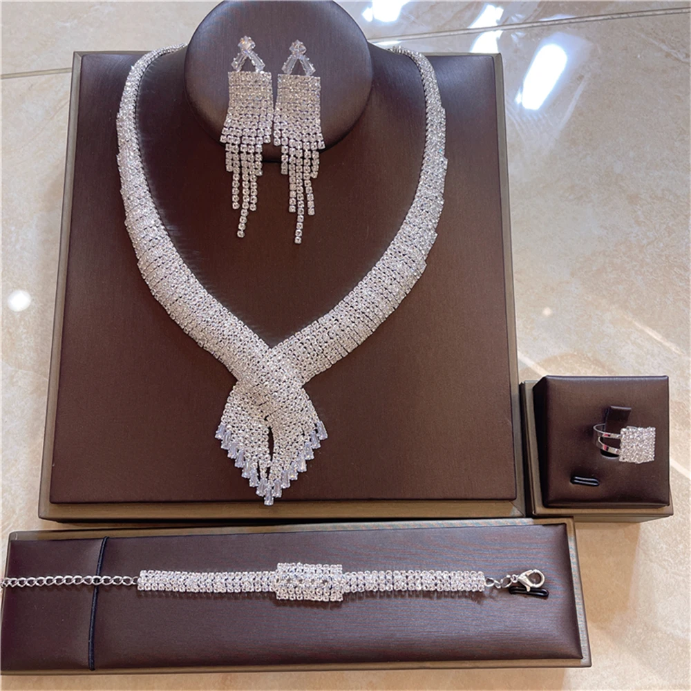 4pc Luxury Rhinestone Earrings Necklace Ring Bracelet Set