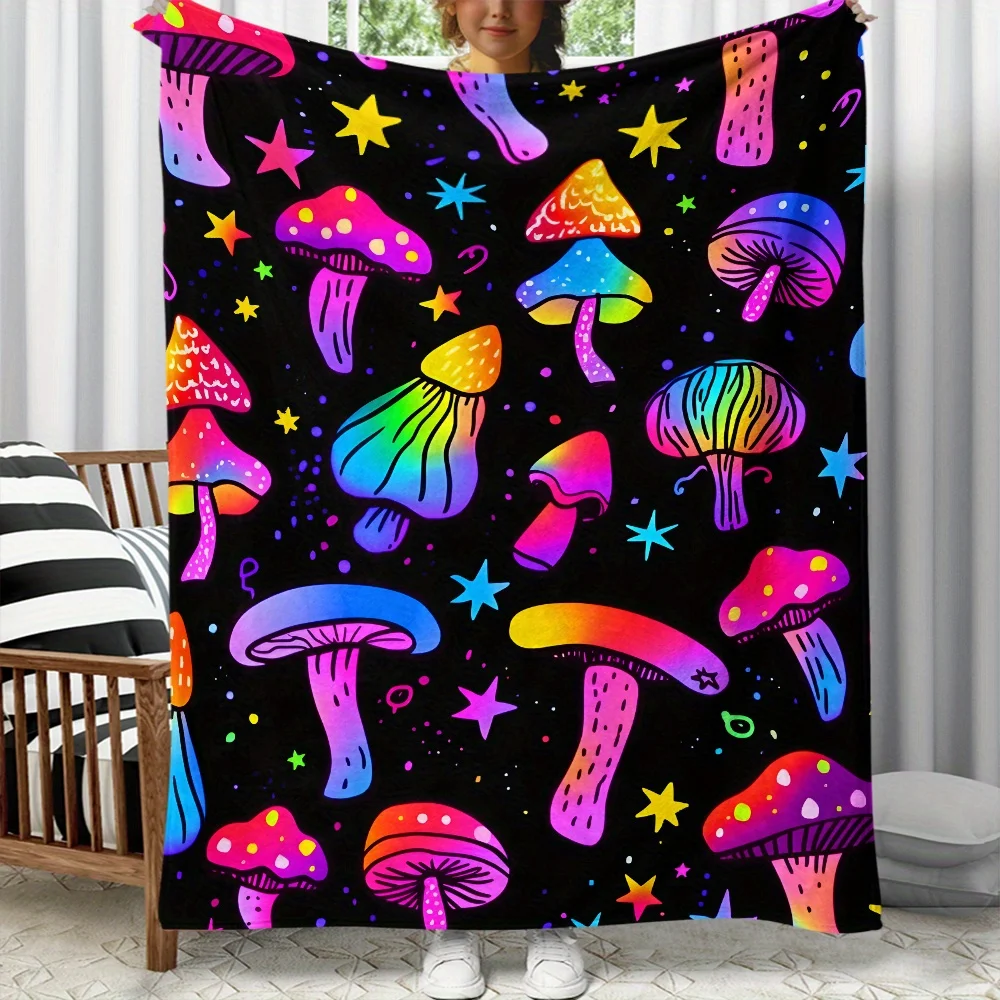 

Colorful psychedelic mushrooms stars black background flannel blanket trippy art blanket hippie decor mushroom pattern throw