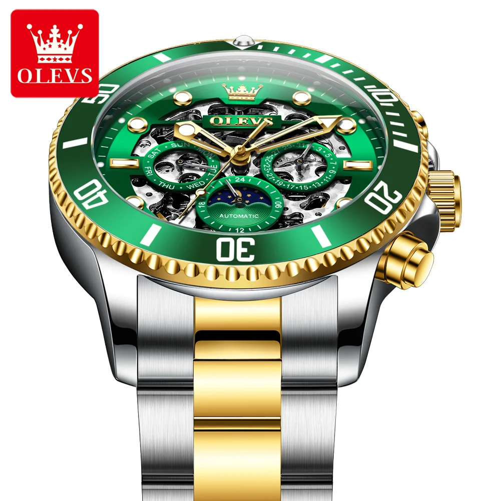 OLEVS 6715 Men's Watch Hollow Date Automatic Mechanical Watch For Men 43mm Big Dial Moon Phase Fashion Waterproof Man Wristwatch