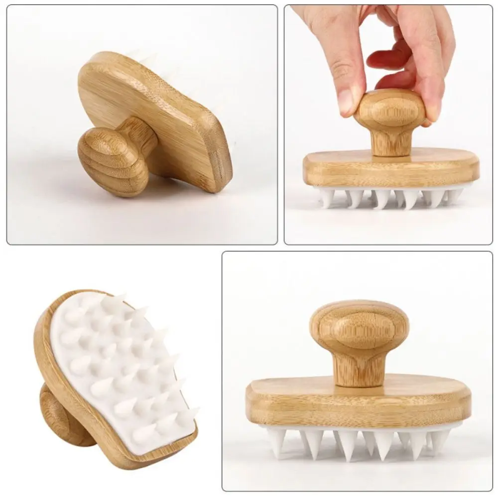 Bamboo Wood Shampoo Brush Promote Blood Circulation Deep Cleaning Silicone Massage Comb Soft Lightweight Scalp Cleaning Scrubber