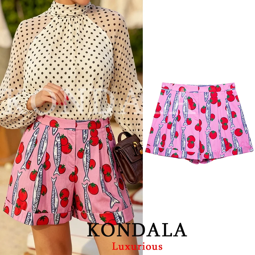 KONDALA Vintage Boho Chic Women Shorts Print Zipper Button Straight Shorts Fashion 2026 Summer Holiday Female Beach Shorts