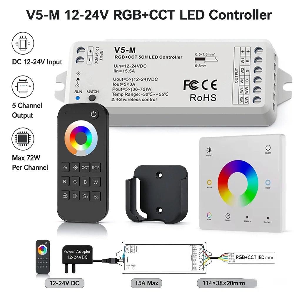 2.4G Wireless 5 Channel RGBCCT LED Controller with RF Remote Control for RGBW RGBWW RGB CCT Light Strips Color Chaning DC12V 24V
