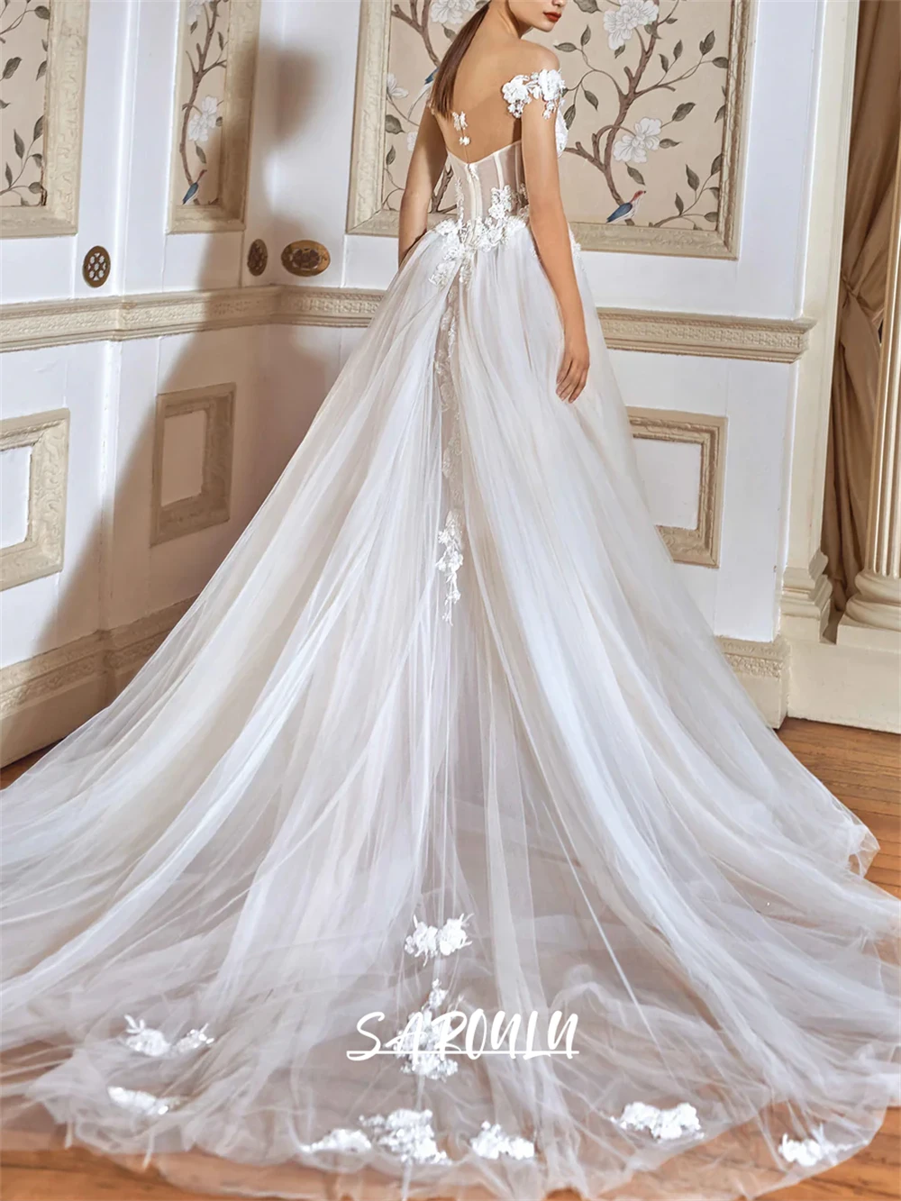 Graceful Floral A Line Wedding Dress, Tulle Long Court Train Cusotmized Bride Dresses, Off Shoudler Sheer Back Bridal Gown