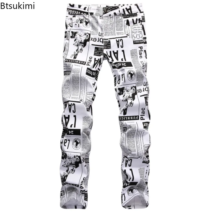 2024 Street Style Men’s Slim Stretch Jeans Trend Newspaper Full Print Personalized Stylish Sexy Denim Pants Men Casual Trousers