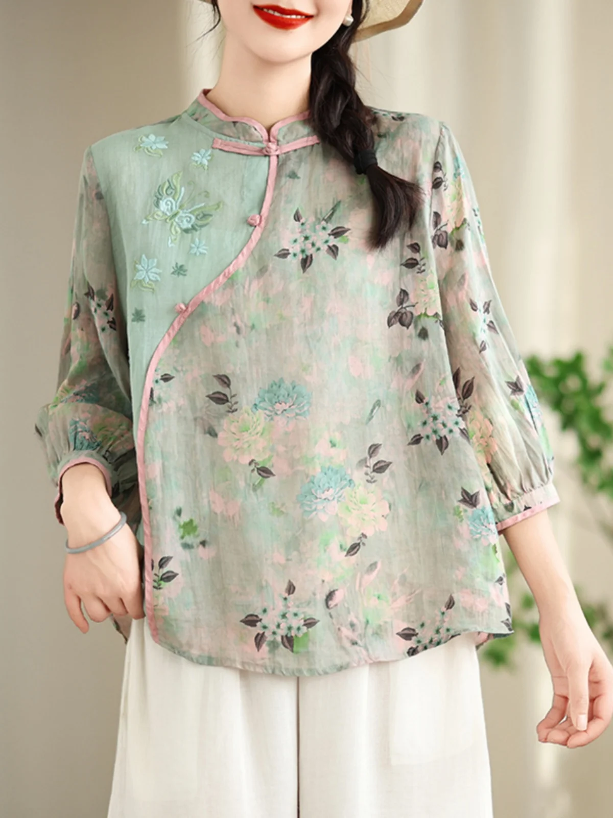 New Chinese Style Floral Cotton Linen Shirt Women's Summer Retro Oblique Collar Buttoned Zen Tea Clothing Small Top Linen Top