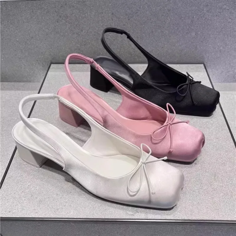 

In stock 2026 summer new square toe block heel bow sandals