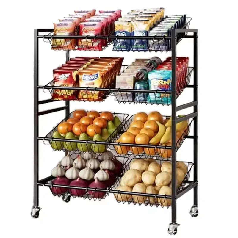 for Kitchen Storage Cart 8 Stackable Wire Baskets 4 Tier Fruit Basket Stand Rolling Snack Cart Black Metal Storage