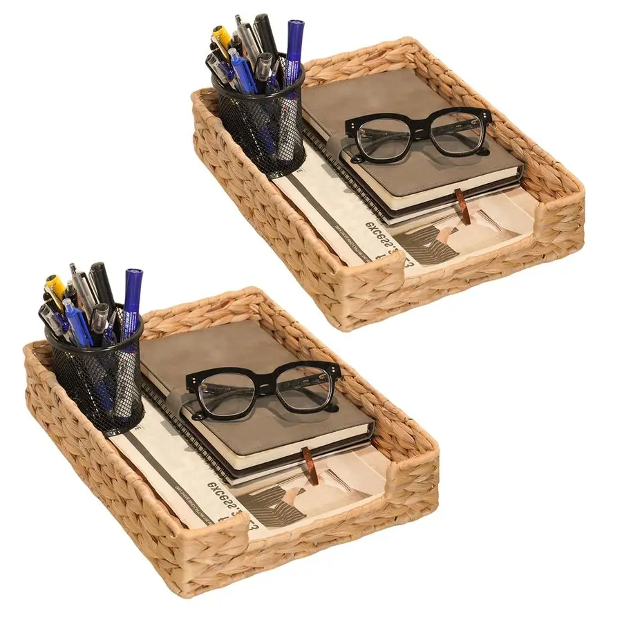 

of 2 Water Hyacinth Letter Tray for A4 File Desk Mail LetterSize Paper, Basket Woven Organizer, Magazine Files Storage, Office D