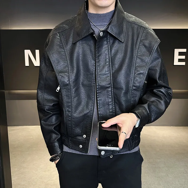 

Fashionable Motorcycle Style Men's Short Leather Jacket Loose Fit Simple Design Autumn New Arrival Korean Version Leather Coat