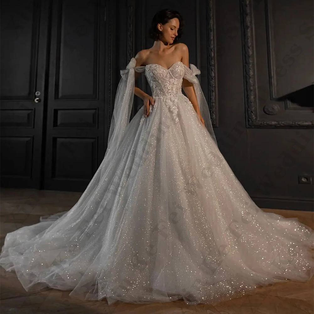 

Beautiful Sparkling Wedding Dresses Sexy Off Shoulder Luxury Exquisite Lace Applique Fluffy Princess Style Mopping Bride Gowns