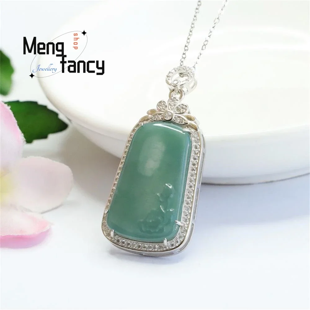 S925 Silver Lnlaid Natural Jadeite Ice Blue Water Buddha Lotus Pendant Exquisite Elegant Charm High-grade Luxury Quality Jewelry