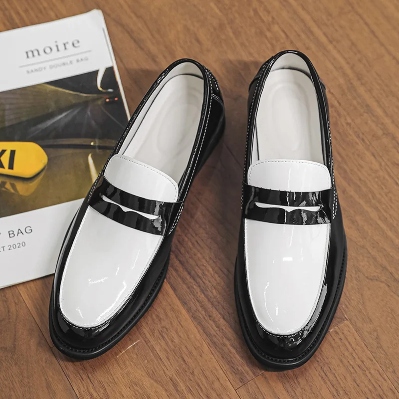 Luxury Trend Designer New Men Pointed Penny Loafter Glossy Black White Flats Leather Casual Shoes Male Formal Dress Footwear