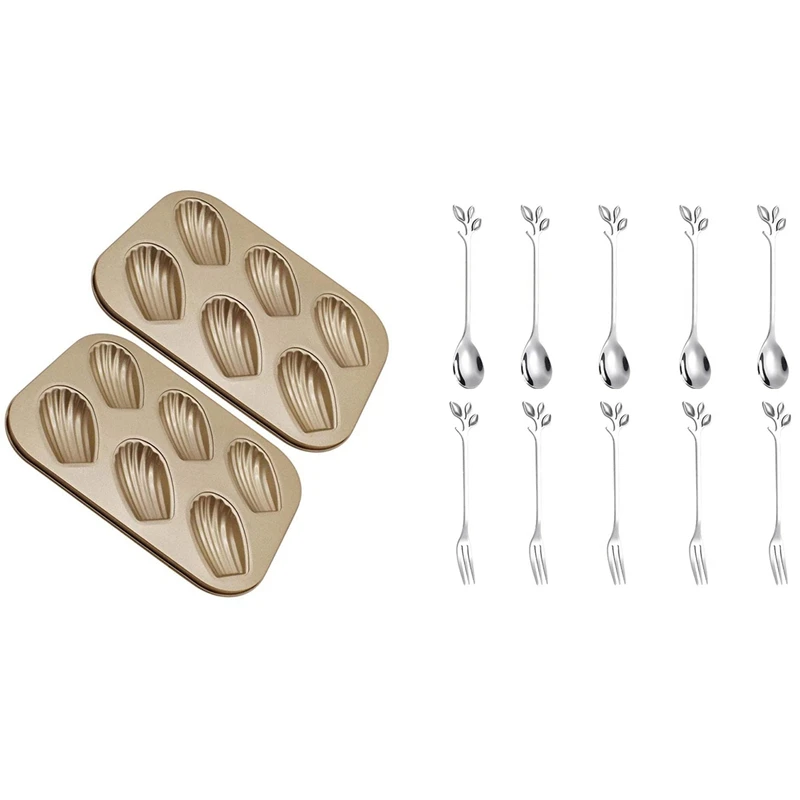 5Spoon+5Forks Stainless Steel Leaf Coffee Cake Spoon Fork & 2 Pack Madeleine Mold Cake Pan