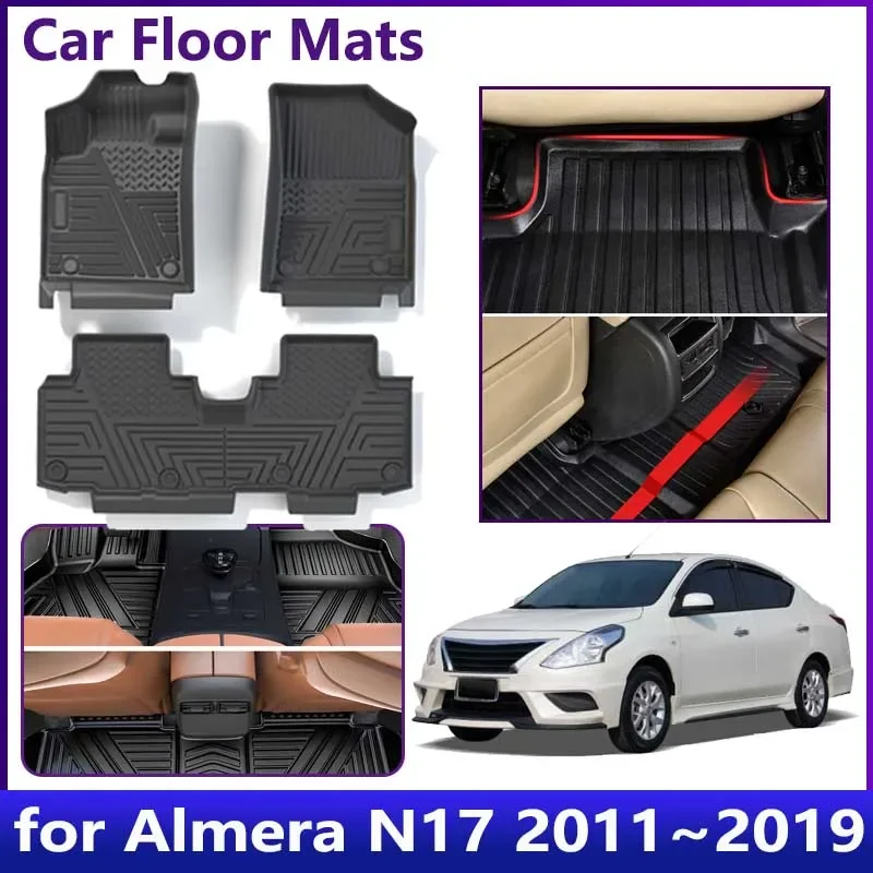 

For Nissan Almera N17 2011~2019 Sunny Versa Car Floor Mats Anti-dirty Waterproof Leather Foot Mat LHD Mud Carpet Rug Accessories