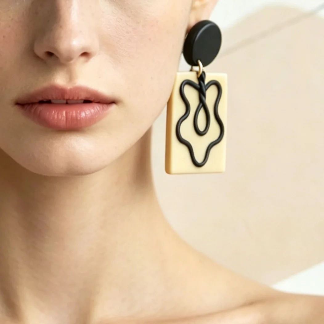 Trendy Fashion Black White Tan Polymer Clay Cute Earrings Long Slim Hat Strips Fun Accessory for Women Jewelry for Holiday Wear