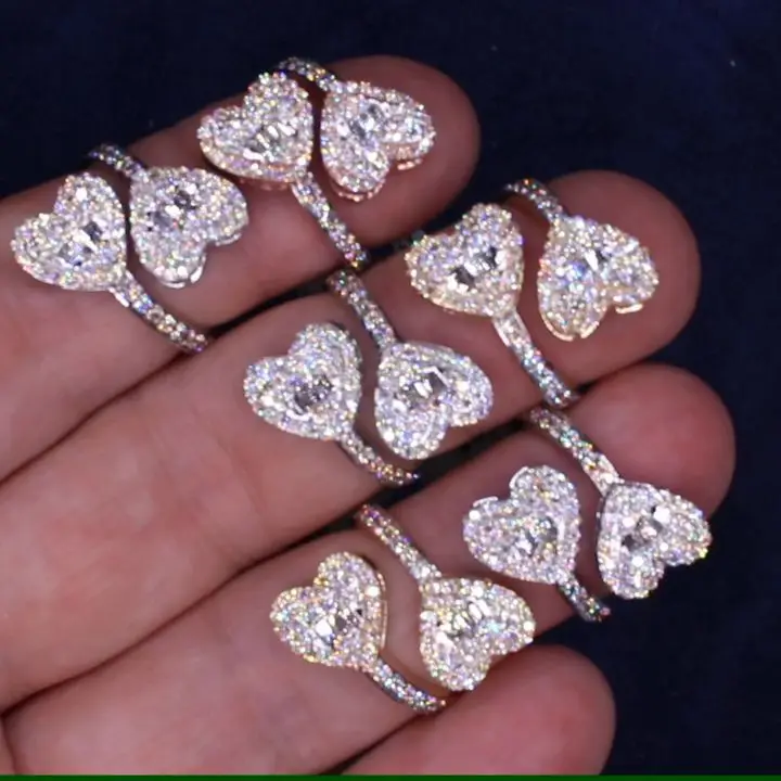 Drop Ship Heart Square Shape Open Size Ring with Cubic Zircon Paved Women Lady Fashion Iced Adjustable Size Rings Jewelry