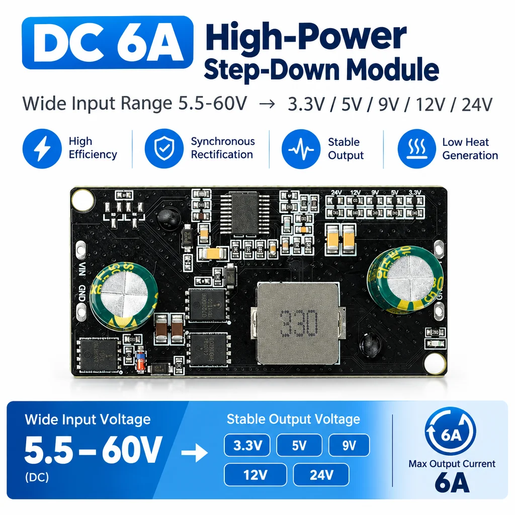 6A DC-DC Buck Module 5.5-60V Input Adjustable 3.3V/5V/9V/12V/24V Output High Efficiency Synchronous Rectification Power Supply