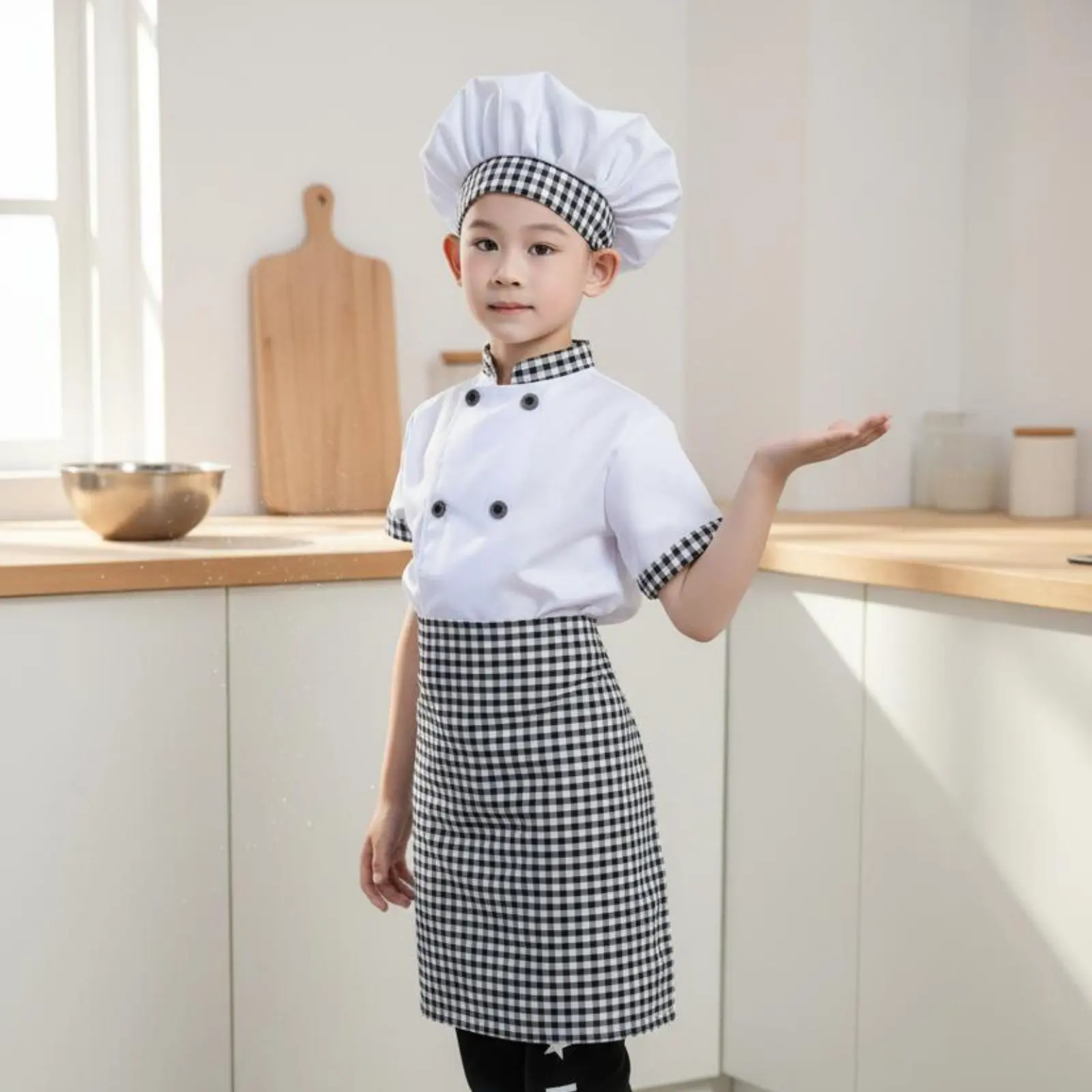 3 Pieces Kids Chef Costume Double Breasted Jacket Children's Cook Uniform Kids Baker Costume Gingham Trim for School Plays view 2