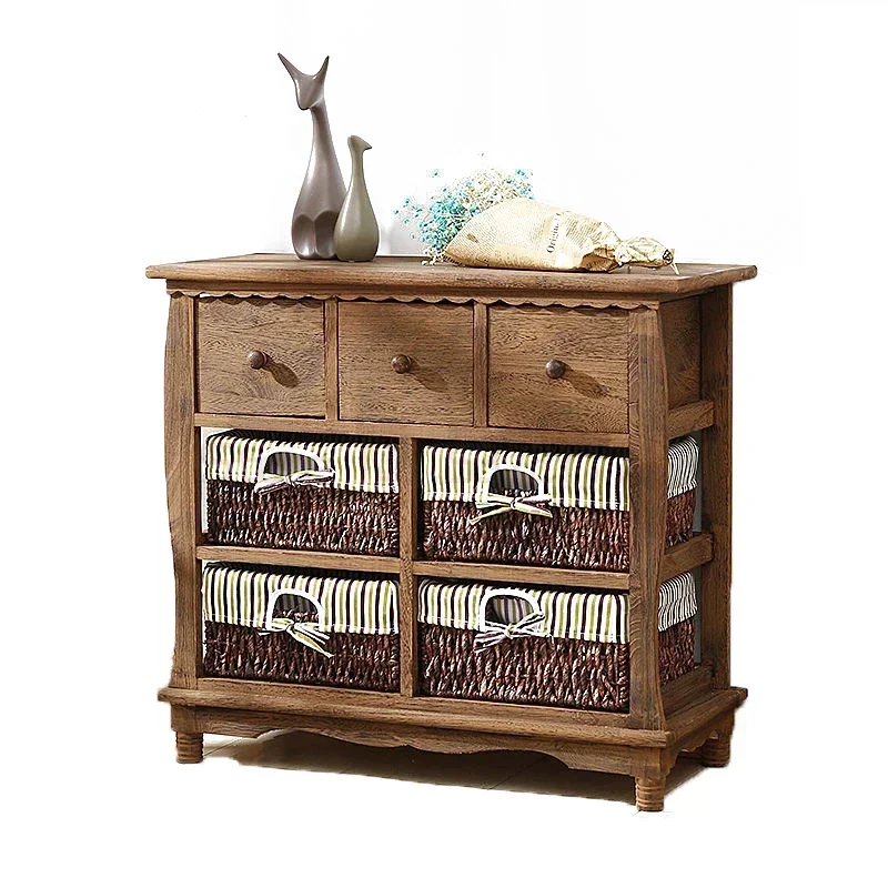 

Vintage Solid Wood Nightstand Rustic American Bedside Table with Rattan Cabinet Simplistic Drawer Storage Elegant Bedroom