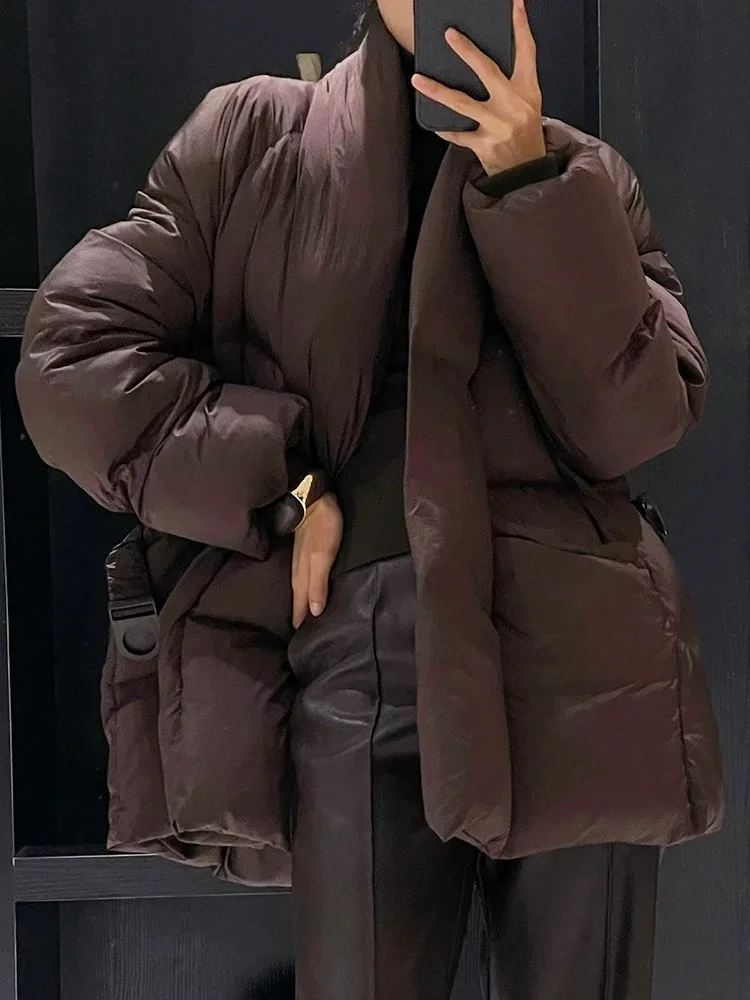 Winter New Down Coats Puffer Jacket Women V-neck Thick Warm with Belt Outerwears Simple Elegant High-end Mid-length Down Jackets