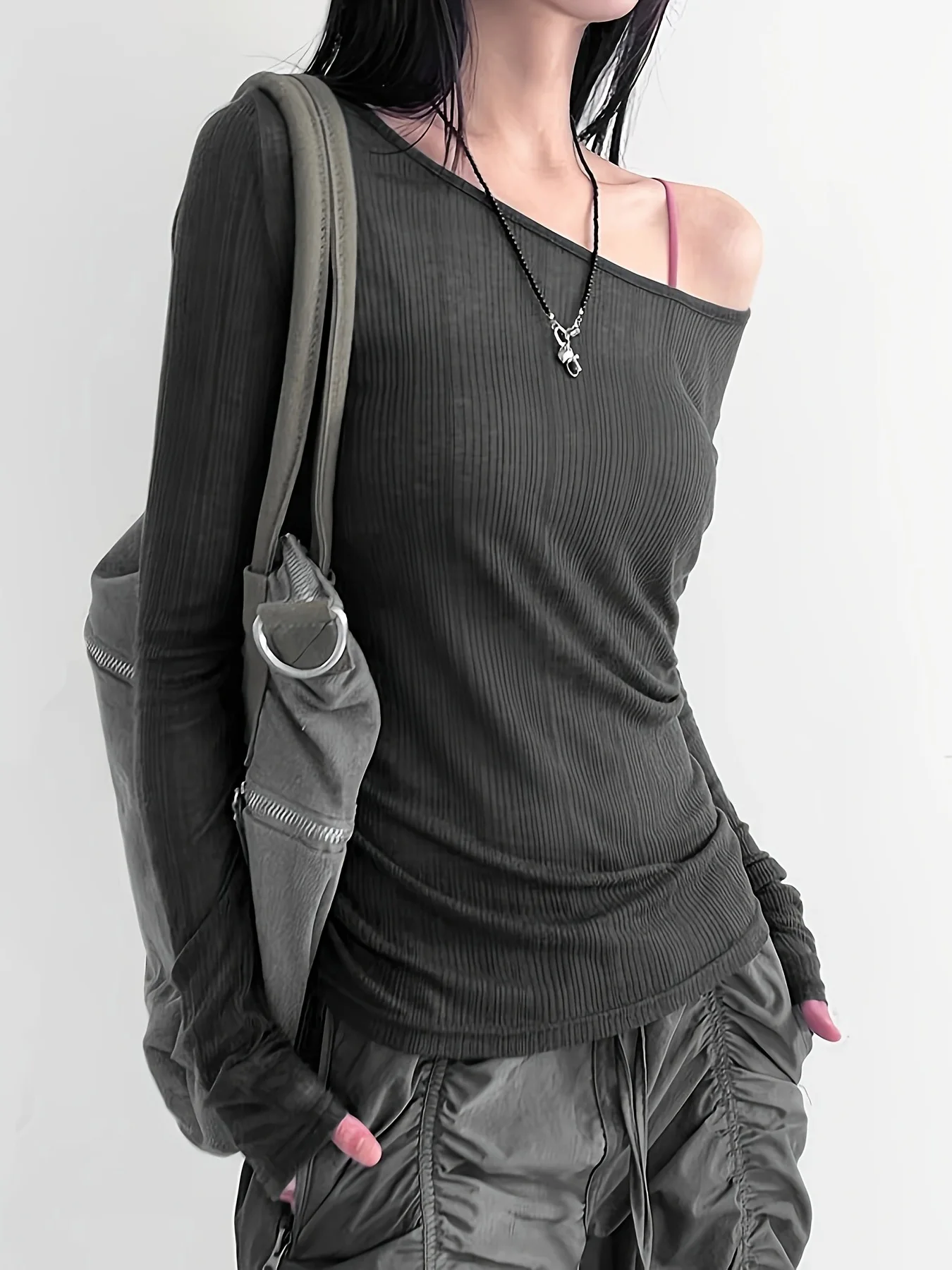 Women's Long-Sleeved Slash Neck Backless T-Shirt Slim Fit Lace-Up Elastic Top Solid Color Autumn Fashion Crop Tee