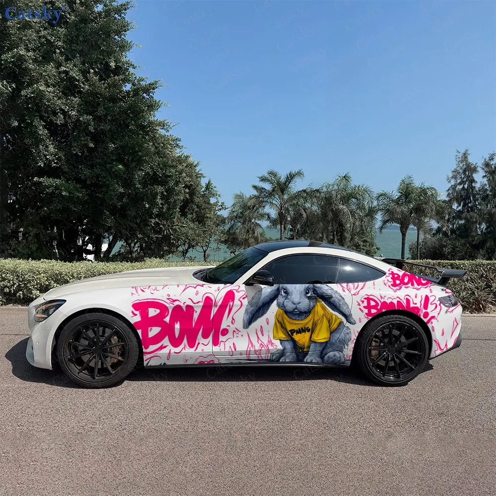 

2pcs Pink Ink Rabbit Vibe, Durable, Fade-resistant, Enhance Vehicle Aesthetics With Bold Artistic Design Car Vinyl Wraps