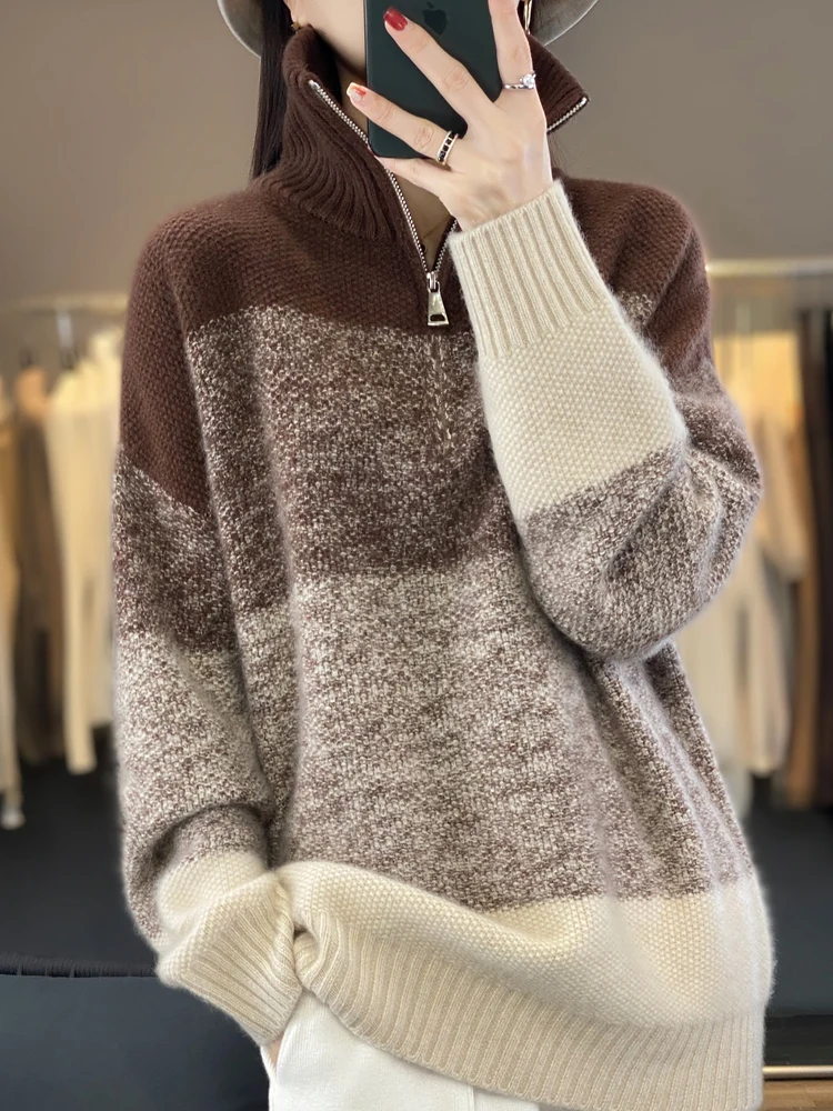 Zipper Women Fashion Sweater Autumn Winter Thick 100% Merino Wool Turn Down Collar Pullovers Cashmere Knitted Vintage Style Tops